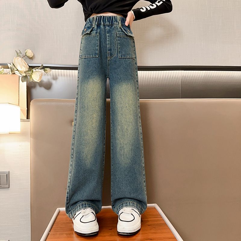 Girls' Wide-Leg Pants Spring and Autumn Clothing New Fashionable Vintage Jeans for Middle and Big Children Spring and Autumn Western Style All-Matching Straight-Leg Pants