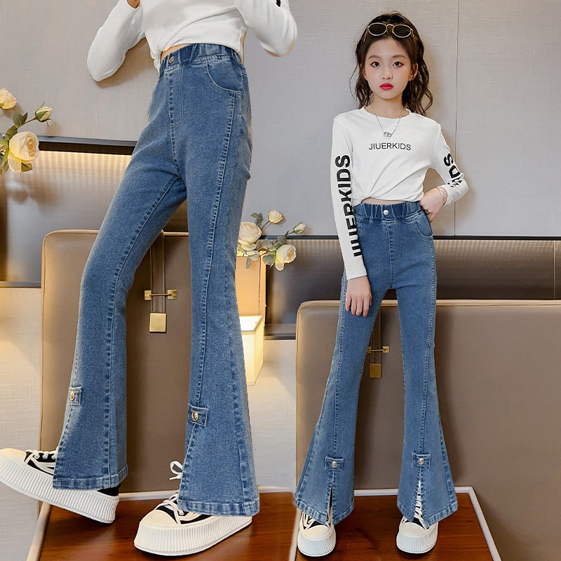 girls‘ jeans spring and autumn new medium and big children fashion slimming slit bell-bottom pants children autumn all-matching casual pants