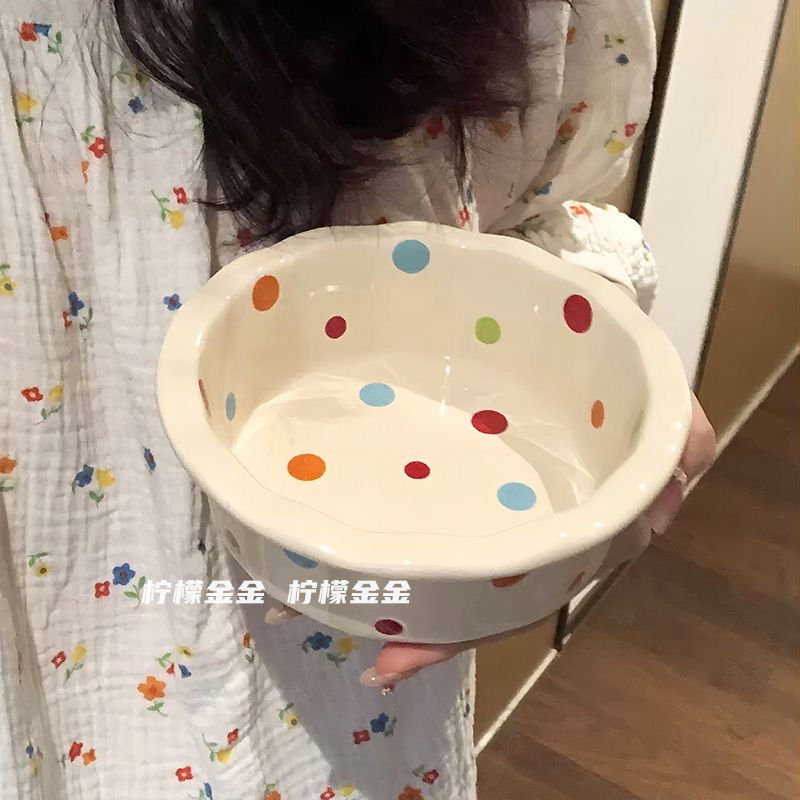 good-looking polka dot ceramic bowl large capacity student couple bowl household fruit vegetable salad bowl cute instant noodle bowl