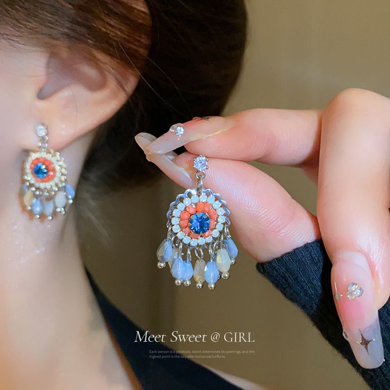 silver needle retro crystal tassel earrings light luxury high sense ethnic style earrings 2024 new popular earrings for women