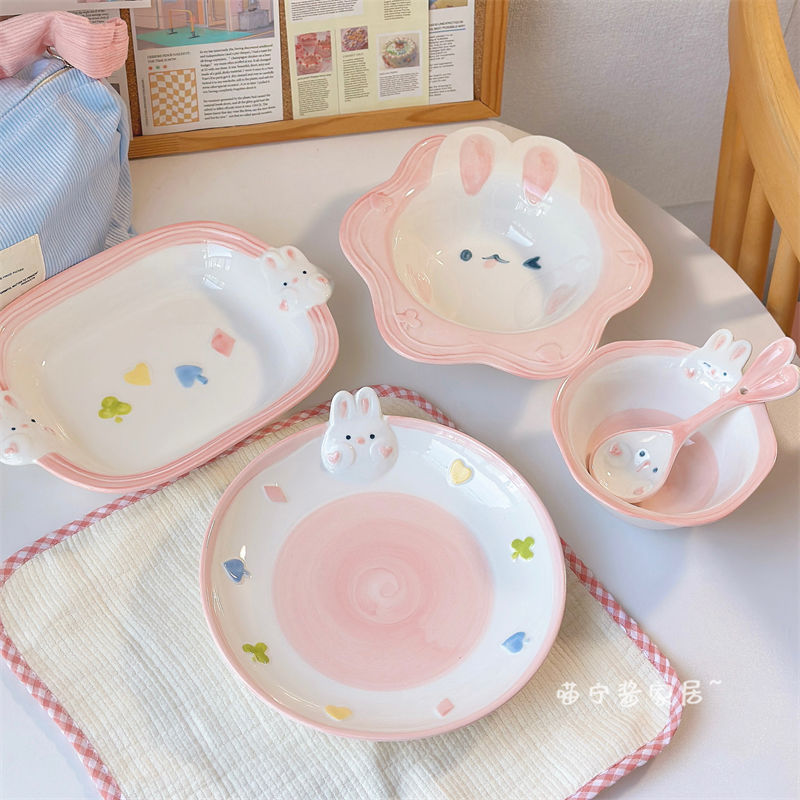 meining sauce ~ hand-painted cartoon lace rabbit ceramic bowl plate ins style girl heart cute fruit and dessert bowl