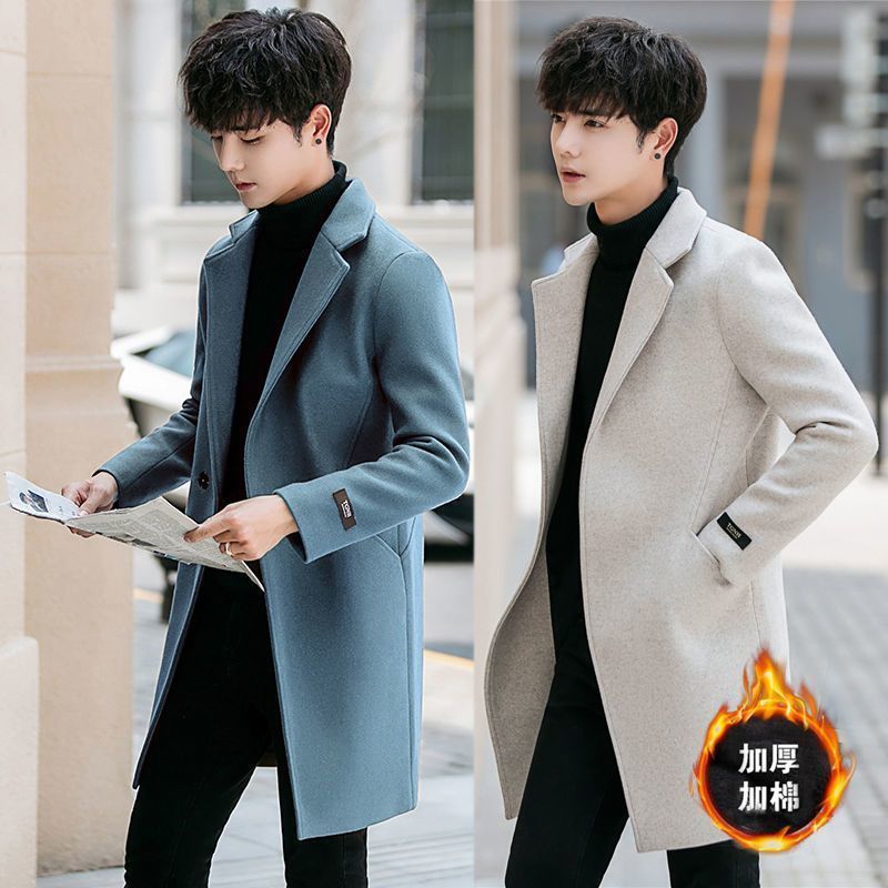 2022 autumn and winter men‘s duster korean style trendy woolen coat youth mid-length casual handsome woolen coat