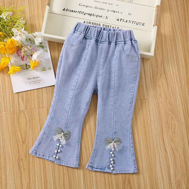 Girls' Jeans Spring and Autumn 2024 New Children's Long Pants Children Bow Bell-Bottom Pants Soft Denim Fashion