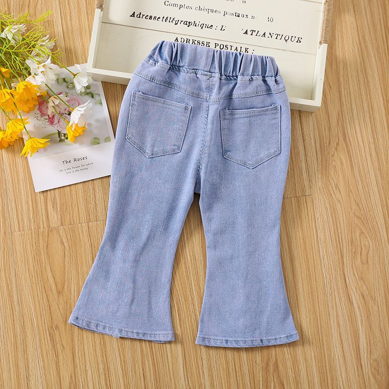 Girls' Jeans Spring and Autumn 2024 New Children's Long Pants Children Bow Bell-Bottom Pants Soft Denim Fashion