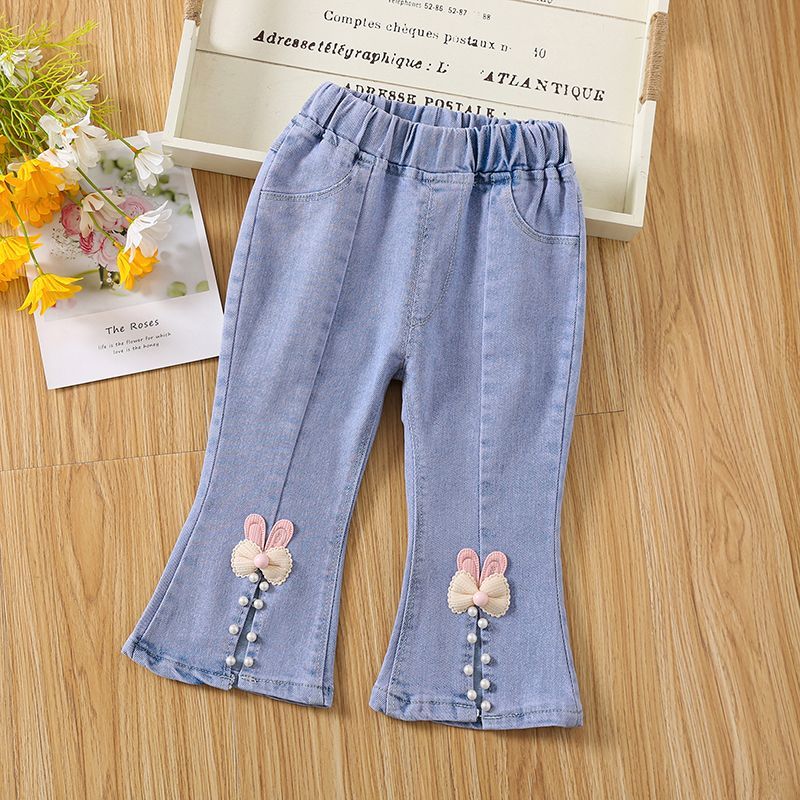 Girls' Jeans Spring and Autumn 2024 New Children's Long Pants Children Bow Bell-Bottom Pants Soft Denim Fashion