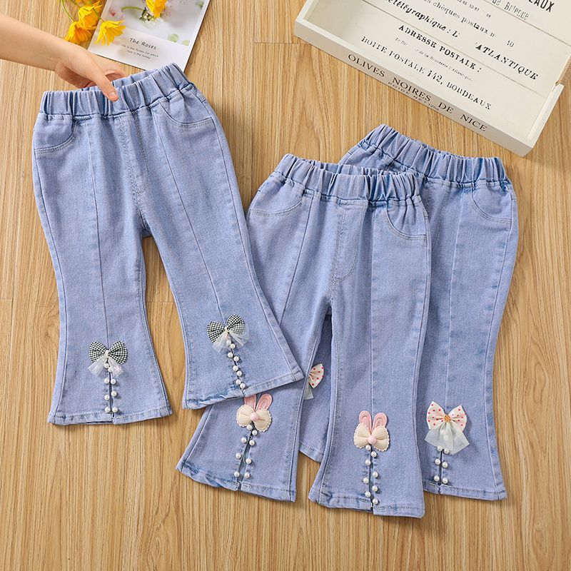 Girls' Jeans Spring and Autumn 2024 New Children's Long Pants Children Bow Bell-Bottom Pants Soft Denim Fashion