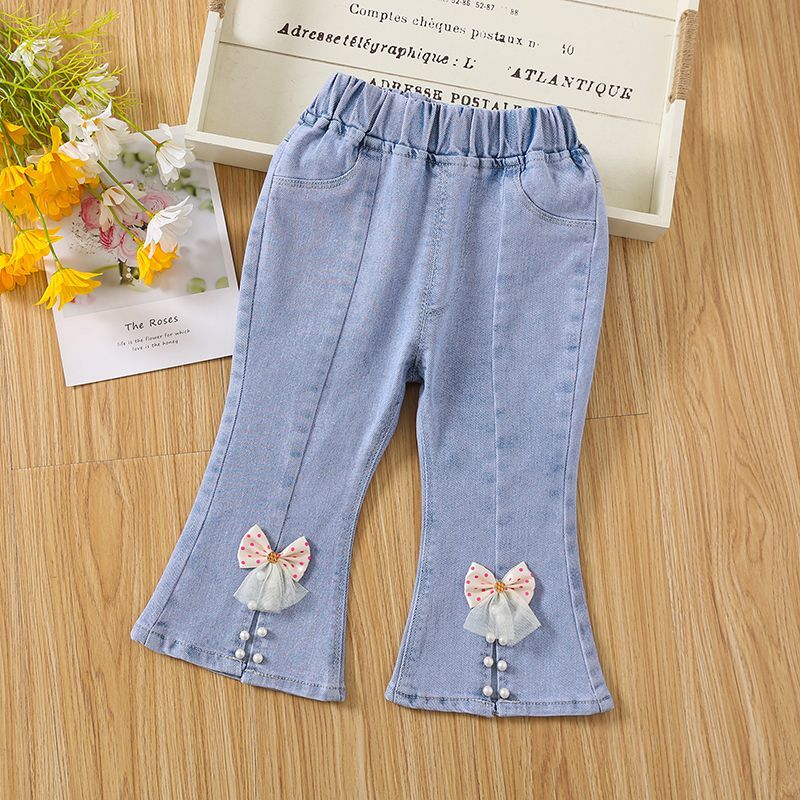 Girls' Jeans Spring and Autumn 2024 New Children's Long Pants Children Bow Bell-Bottom Pants Soft Denim Fashion