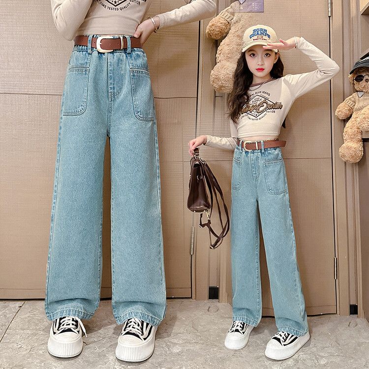 girls‘ wide-leg pants 2024 spring and autumn new children‘s denim pants medium and large children‘s wide-leg pants girls straight-leg pants autumn