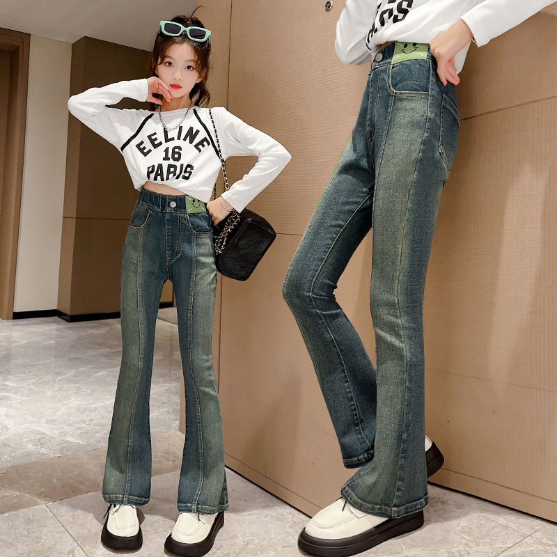 Girls' Spring and Autumn Clothing Bell-Bottom Pants Children's Autumn New Gradient Stretch Jeans Korean Style Children's Pants Outer Wear