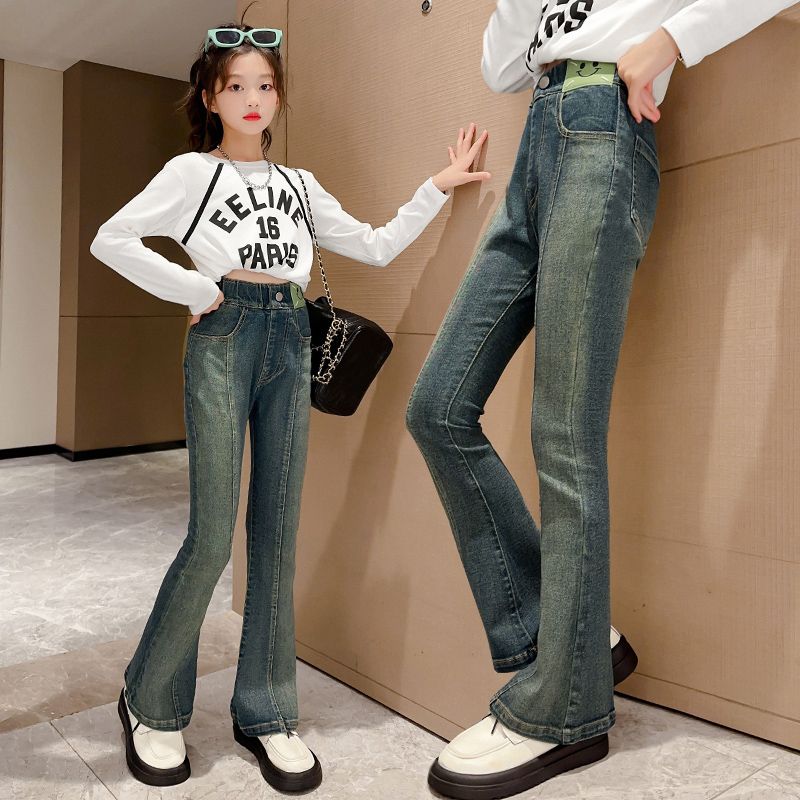 Girls' Spring and Autumn Clothing Bell-Bottom Pants Children's Autumn New Gradient Stretch Jeans Korean Style Children's Pants Outer Wear