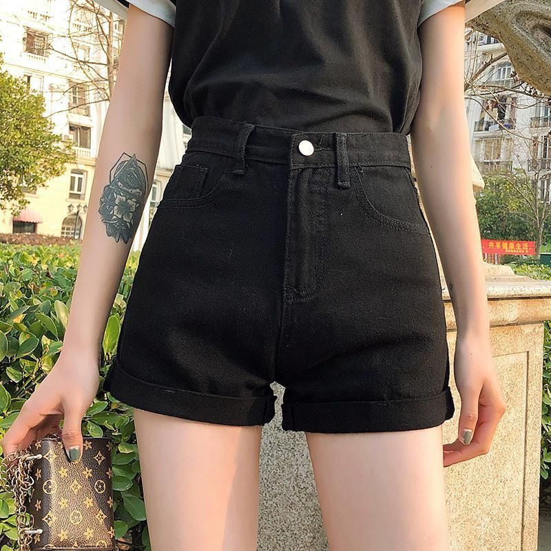 black high waist denim shorts for women 2024 new summer style design high sense slimming hot girl a- line hot pants women