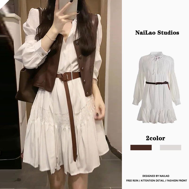 early autumn 2023 new sweet cool style design sense dress + leather waistcoat two-piece set female v-neck long-sleeve dress dress