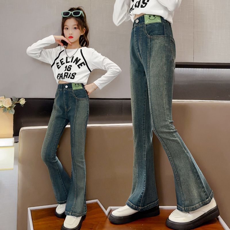 Girls' Spring and Autumn Clothing Bell-Bottom Pants Children's Autumn New Gradient Stretch Jeans Korean Style Children's Pants Outer Wear