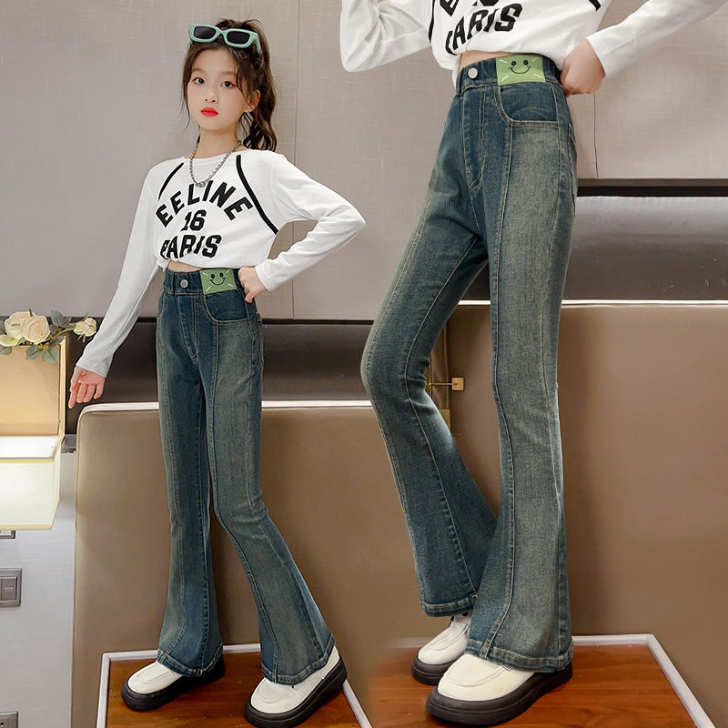 Girls' Spring and Autumn Clothing Bell-Bottom Pants Children's Autumn New Gradient Stretch Jeans Korean Style Children's Pants Outer Wear