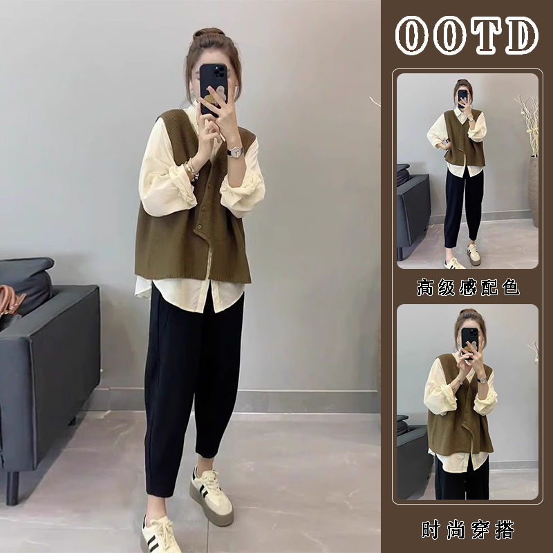 early spring wear with a set of 2024 new this year‘s popular vest shirt small tea series wear three-piece suit