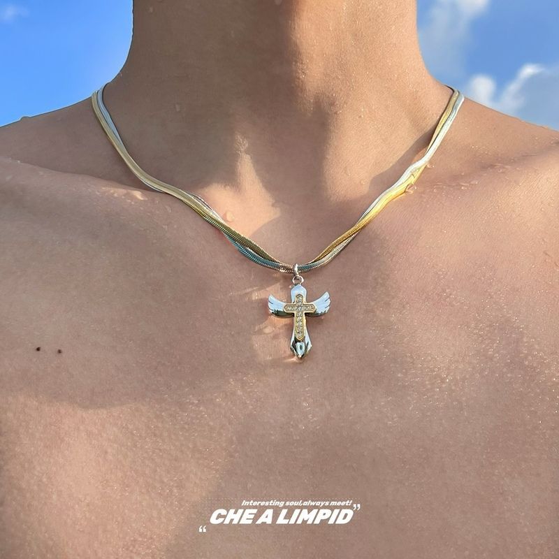 chealimpid/. redemption-gold double layer cross hip hop niche high-grade titanium steel light luxury necklace