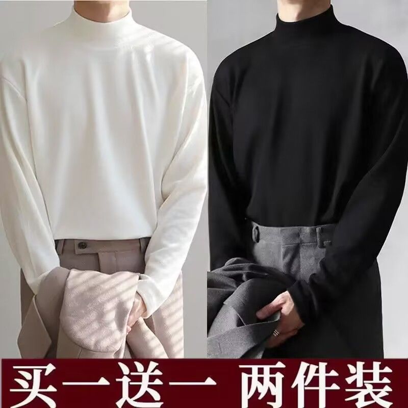 new dralon long-sleeved t-shirt men‘s autumn and winter fleece-lined thickened half-high collar bottoming shirt hong kong style trendy inner wear blouse