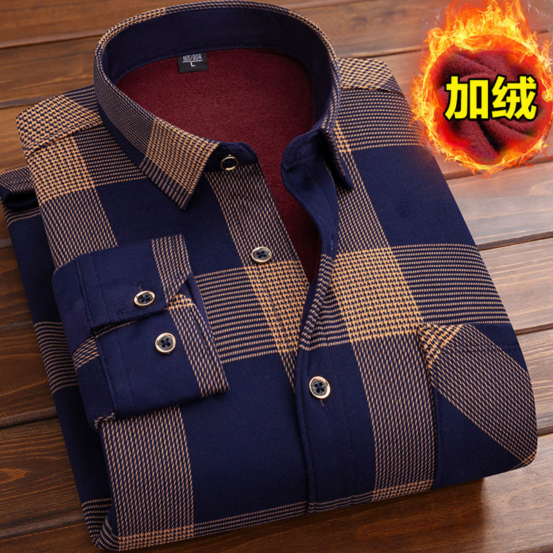 new product promotion] fall winter men long sleeve velvet padded shirt warm shirt plaid coat clothes men‘s clothing 1/2 pieces