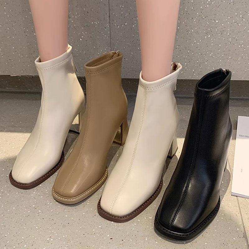 french style skinny boots martin boots for women 2024 spring and autumn new chunky heel square toe booties korean short boots fashion all-matching