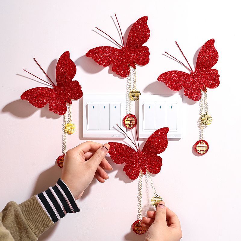 wedding room wedding chinese character xi sticker butterfly pendant switch cloth sticker new house bedroom living room ornaments wedding supplies decoration