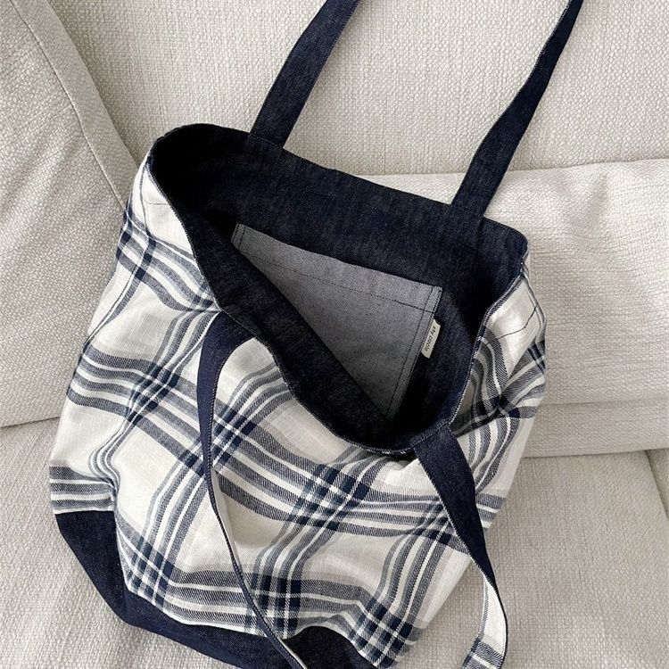 blushing cloth denim plaid stitching double-sided tote shoulder bag korean simple preppy style versatile homemade