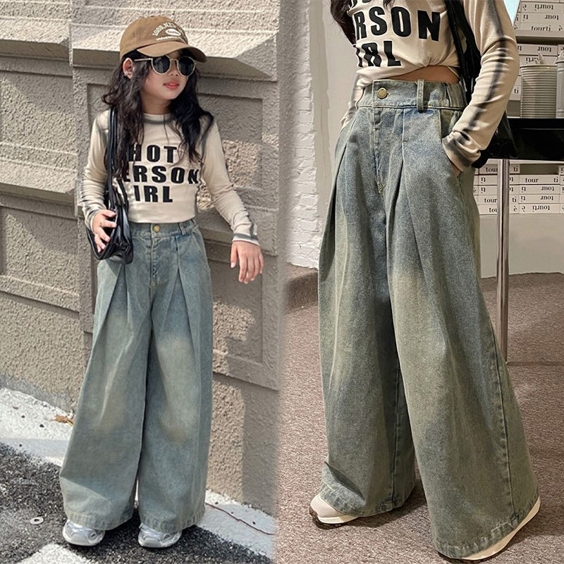 girls‘ box-pleat retro jeans 2024 spring and autumn new children‘s loose wide-leg pants high waist drooping mop pants