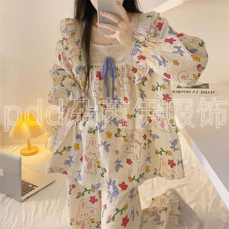 gauze long sleeve ins pajamas women‘s autumn and winter sweet cute cartoon student bow princess style homewear suit