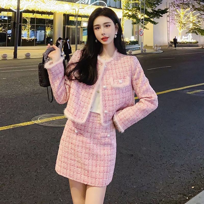 tweed high sense classic style fashion suit women‘s autumn and winter new thickened short jacket + skirt two-piece set