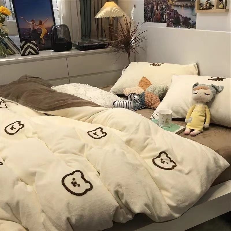 ins cartoon bear internet celebrity washed cotton four-piece set bed sheet quilt cover bedding student three-piece set dormitory