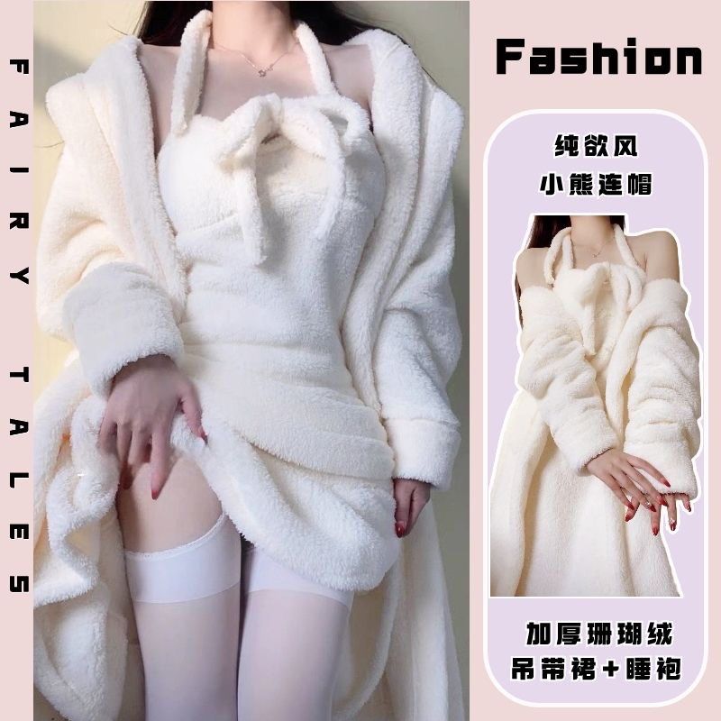 cute hooded women‘s nightgown winter thick coral fleece ins sexy girly style slip nightdress home wear suit