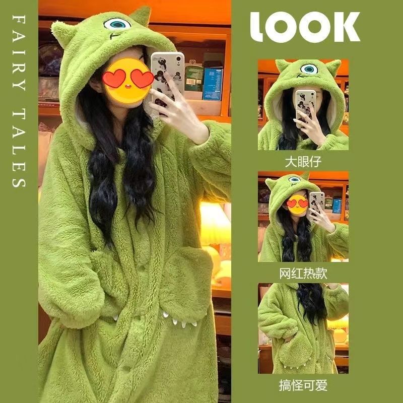 cute big eyes winter pajamas women‘s winter coral velvet night-robe fleece-lined thickened student outer wear homewear suit