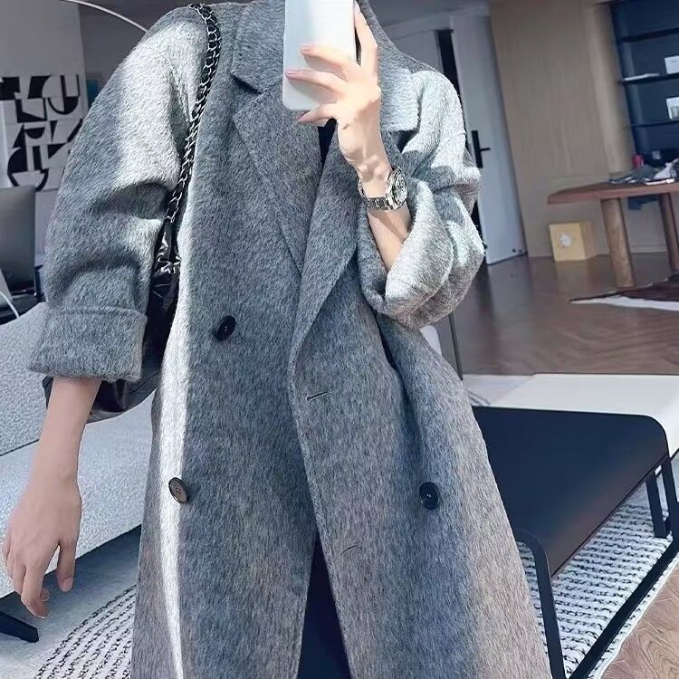 double-sided plush coat women‘s autumn and winter new korean style loose slimming mid-length plus size coat woolen cloth college sheep