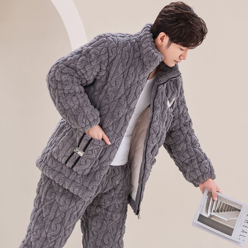 men‘s pajamas three-layer quilted fleece-lined thick loose plus size autumn and winter cotton-padded jacket can be worn outside warm loungewear suit