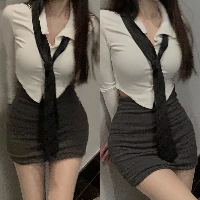 autumn suit pure desire waist-controlled white shirt women‘s slim fit slimming hot girl top long sleeve shirt sheath skirt