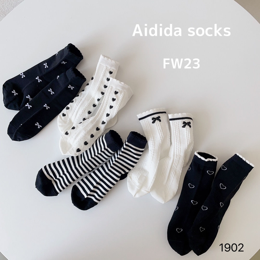 korean style fashionable girls‘ mid-calf bow lace children‘s cotton socks black and white striped princess socks versatile student cotton socks