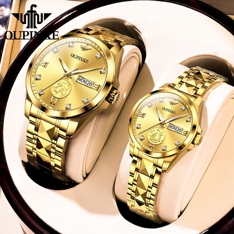 swiss certified genuine brand dragon and phoenix couple watch mechanical watch automatic imported movement with real gold pair watch couple