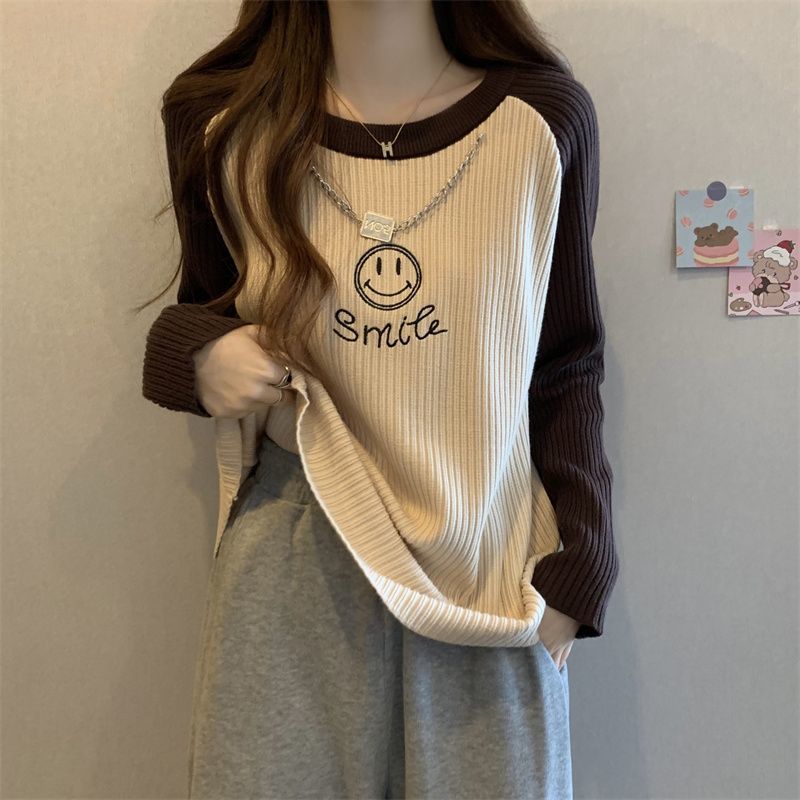 sunken stripe color contrast long sleeve t-shirt women‘s spring and autumn new large size slimming casual bottoming shirt versatile chic top women‘s fashion