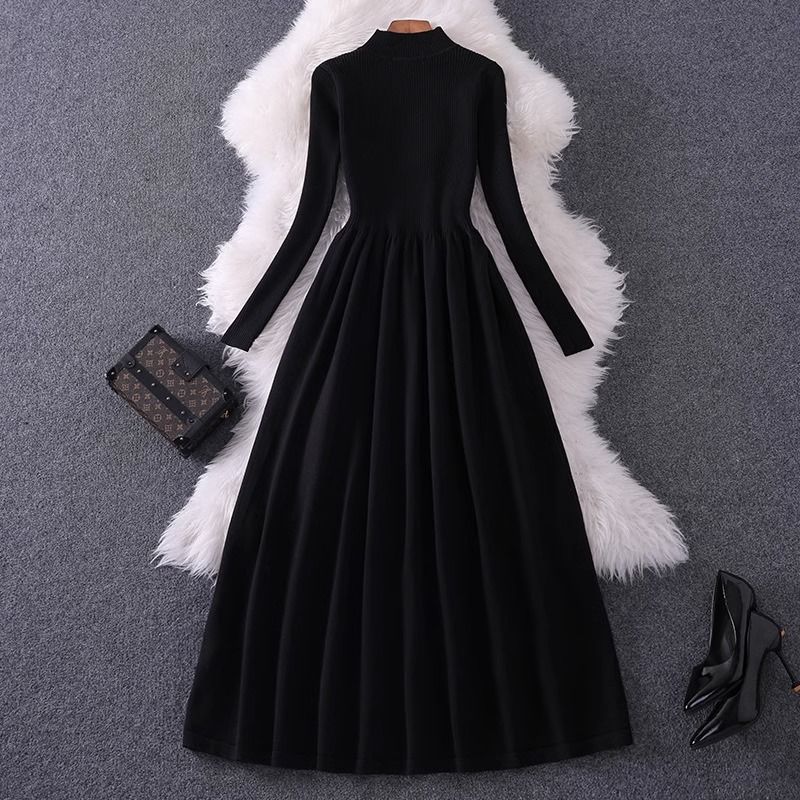 french waist a- line knitted dress autumn and winter half turtleneck bottoming match with coat inner wear woolen skirt long