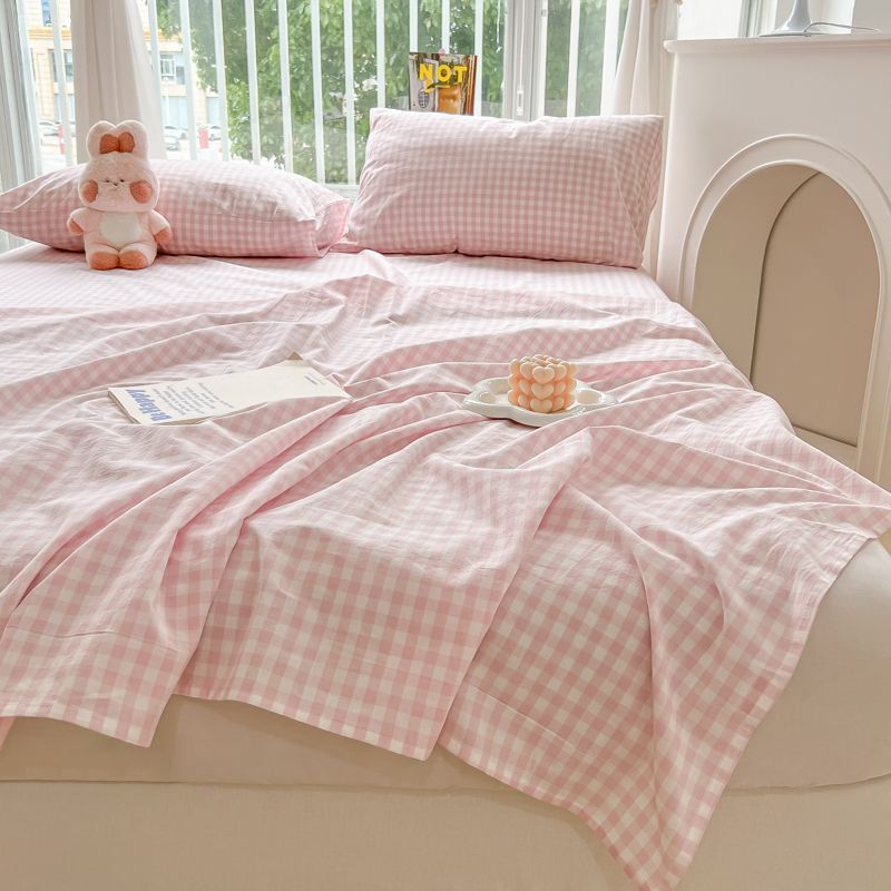 [cream style] plaid bed sheet single piece yellow small plaid bed sheet square student dormitory solid color washed cotton single bed