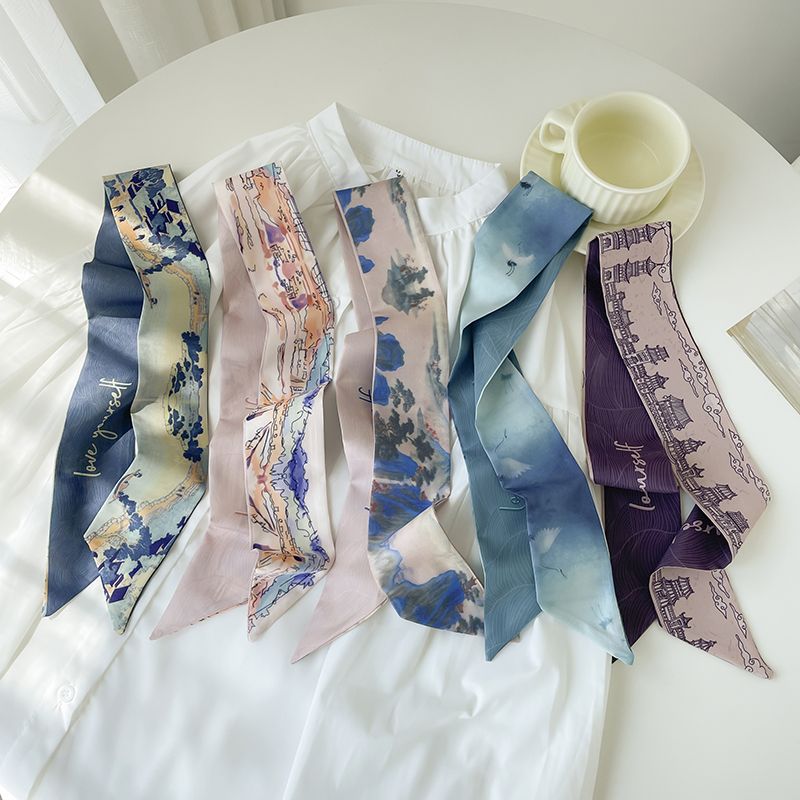 retro artistic long elegant double-sided small silk scarf chinese style hair band hair tie spring and autumn decoration all-match small scarf