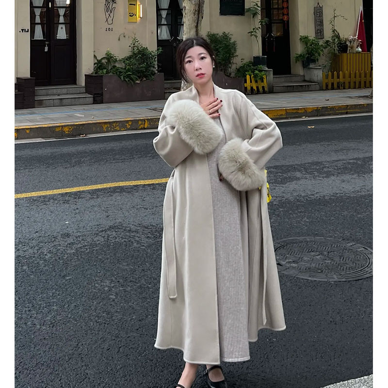 hepburn style cuff woolen coat women‘s 2024 coat winter thickened lace-up mid-length lady style woolen coat