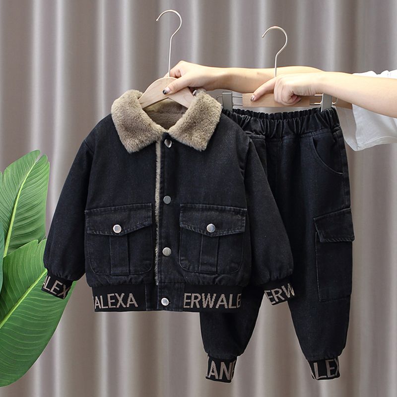 girls‘ boys‘ suit winter clothes fleece-lined thickened 2024 new children‘s western style denim two-piece suit baby winter fashion