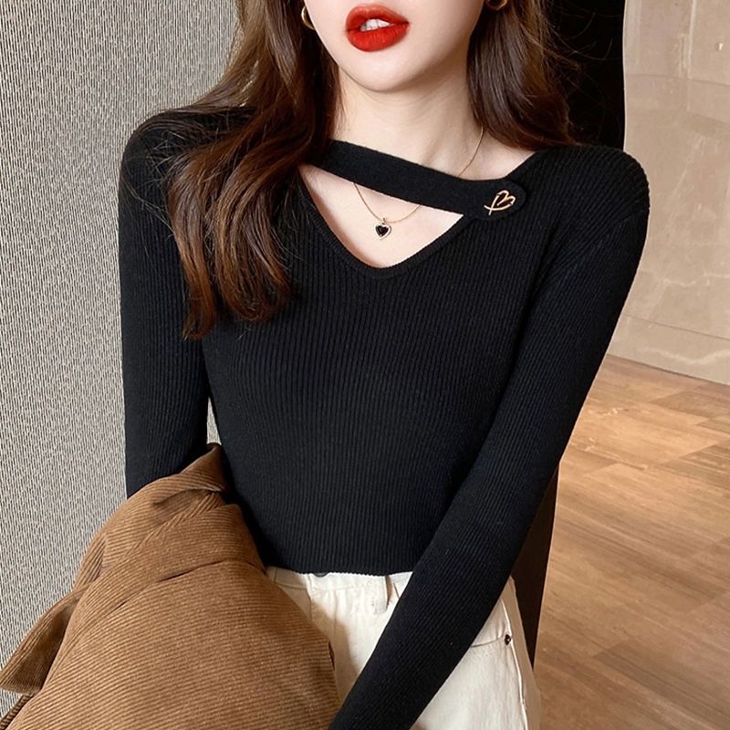 design knitted sweater for women spring and autumn new collarbone careful outside wear western style versatile slim-fit long sleeve bottoming shirt