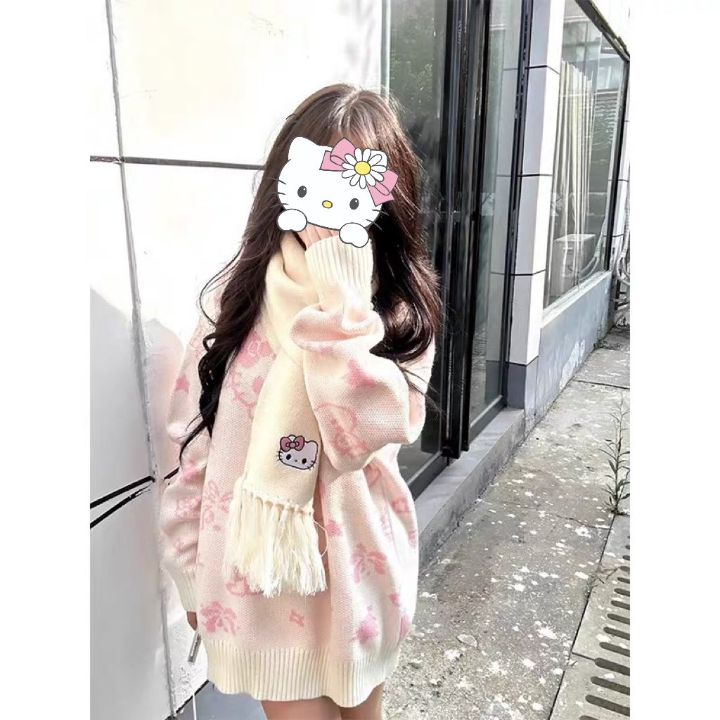 soft girl cute cartoon pink round-collar sweater female student autumn and winter new loose mid-length pullover sweater top