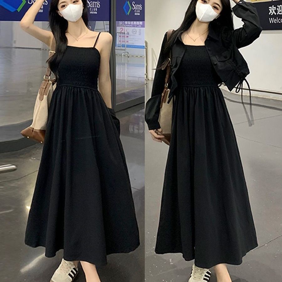 2023 french style plus size new suit high class elegant show thin black sling dress skirt two-piece set