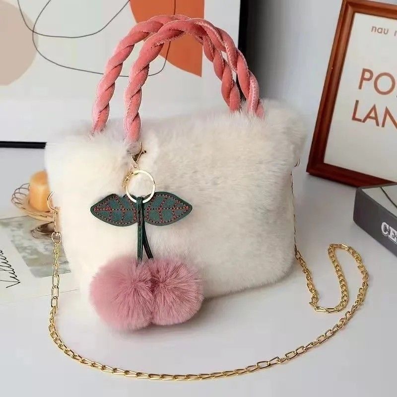 cherry plush hand-carrying bag autumn and winter bags high-end plush bag women‘s 2023 new women‘s bag shoulder messenger bag