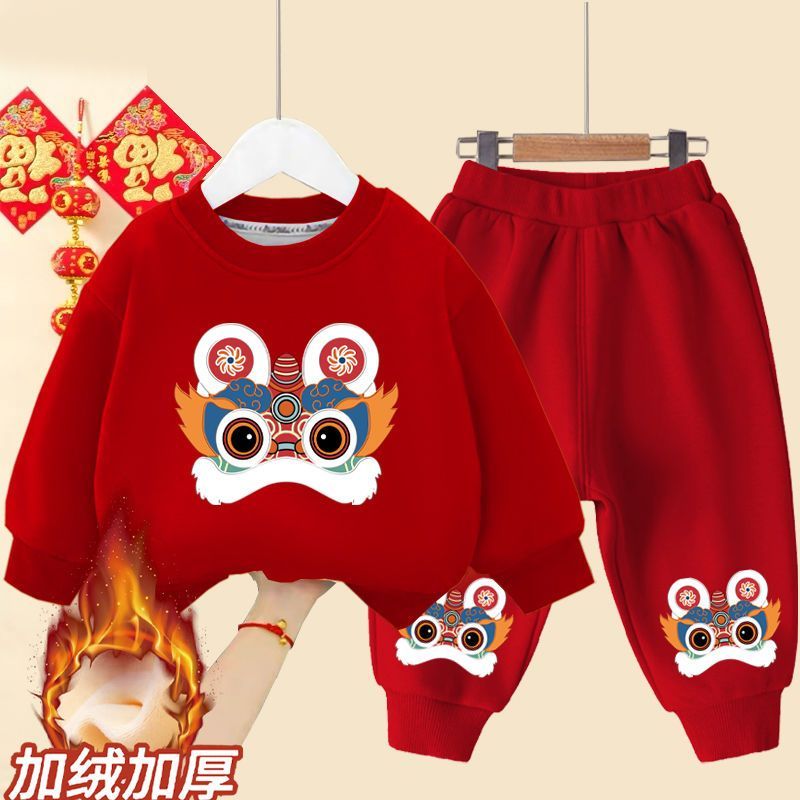 children‘s suit winter boys and girls brushed hoody chinese style 2023 rabbit year baby festive new year clothes two-piece set