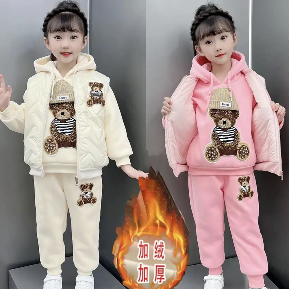 girls‘ suit autumn and winter clothing 2023 new children‘s fashionable fleece-lined thickened winter big children vest sweatshirt three-piece suit