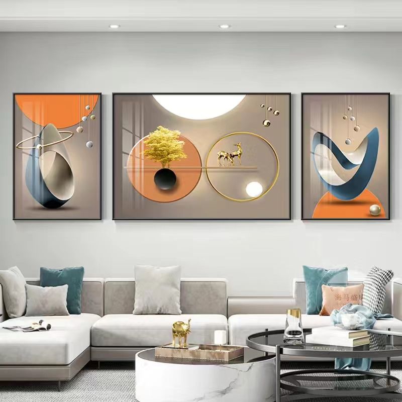 new light luxury high-end modern decoration fu lu geometric triptych sofa background wall with frame hanging painting simple