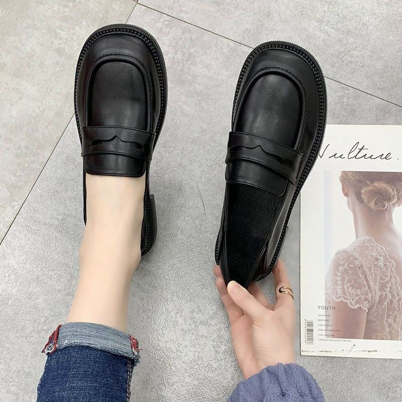 brand leather shoes for women 2023 spring new black all-matching flat heel round toe loafers soft leather soft bottom pumps